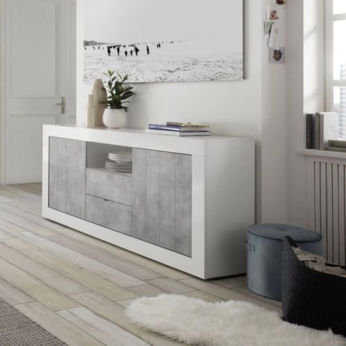 Buffet 2 Portes 2 Tiroirs Et 1 Niche Blanc Laqué Et Aspect Cimento - Paolino
