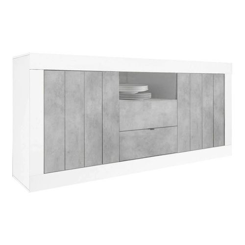 Buffet 2 Portes 2 Tiroirs Et 1 Niche Blanc Laqué Et Aspect Cimento - Paolino