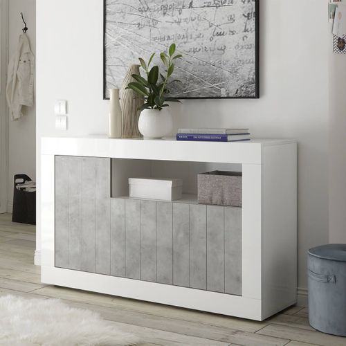 Buffet 3 Portes 1 Niche Blanc Laqué Et Aspect Cimento - Paolino