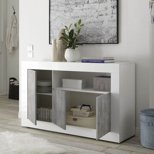 Buffet 3 Portes 1 Niche Blanc Laqué Et Aspect Cimento - Paolino