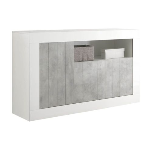 Buffet 3 Portes 1 Niche Blanc Laqué Et Aspect Cimento - Paolino