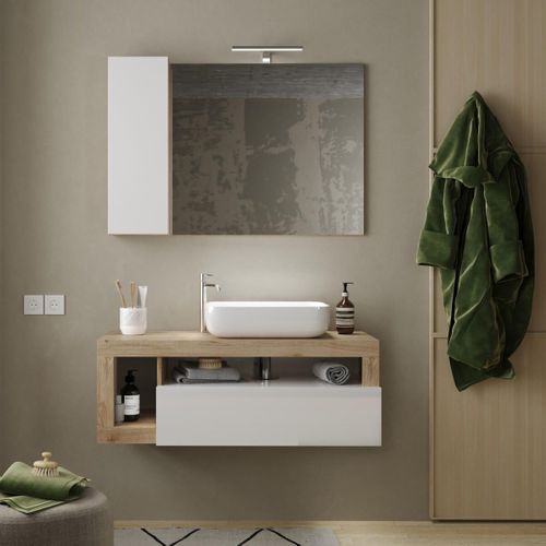 Meuble Vasque 110cm Suspendu 1 Tiroirs Blanc Laqué Et Aspect Bois Finition Cadiz - Arturo