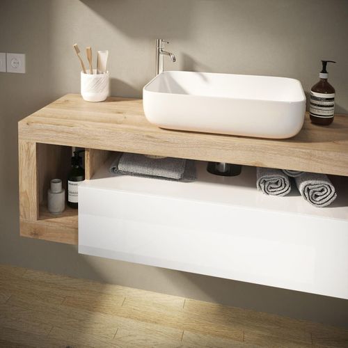 Meuble Vasque 110cm Suspendu 1 Tiroirs Blanc Laqué Et Aspect Bois Finition Cadiz - Arturo