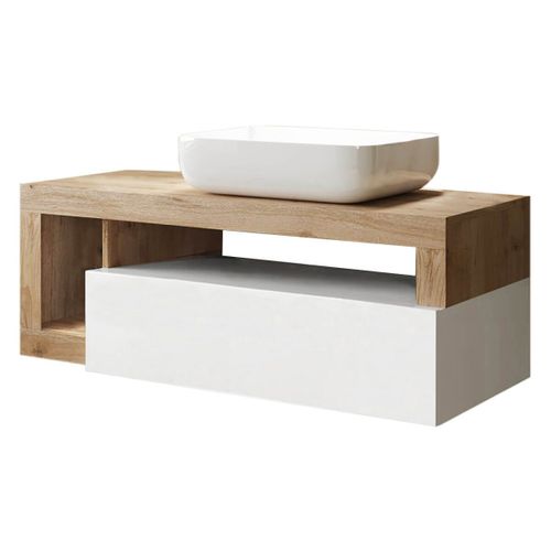 Meuble Vasque 110cm Suspendu 1 Tiroirs Blanc Laqué Et Aspect Bois Finition Cadiz - Arturo