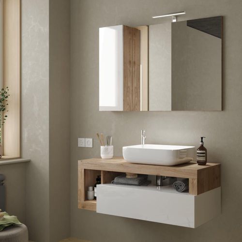 Meuble Vasque 110cm Suspendu 1 Tiroirs Blanc Laqué Et Aspect Bois Finition Cadiz - Arturo