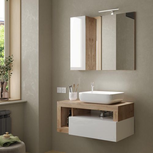 Meuble Vasque 92cm Suspendu 1 Tiroirs Blanc Laqué Et Aspect Bois Finition Cadiz - Arturo
