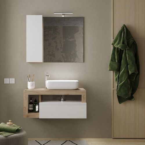 Meuble Vasque 92cm Suspendu 1 Tiroirs Blanc Laqué Et Aspect Bois Finition Cadiz - Arturo