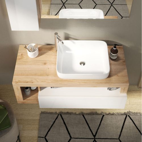 Meuble Vasque 92cm Suspendu 1 Tiroirs Blanc Laqué Et Aspect Bois Finition Cadiz - Arturo