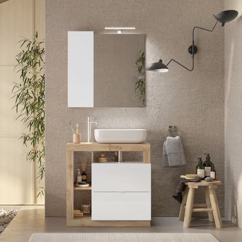 Meuble Vasque 78cm 2 Tiroirs Blanc Laqué Et Aspect Bois Finition Cadiz - Arturo