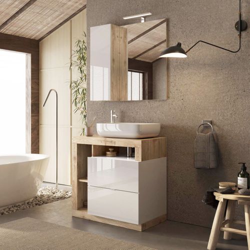 Meuble Vasque 78cm 2 Tiroirs Blanc Laqué Et Aspect Bois Finition Cadiz - Arturo