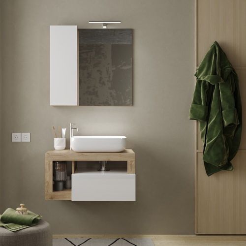 Meuble Vasque 78cm Suspendu 1 Tiroirs Blanc Laqué Et Aspect Bois Finition Cadiz - Arturo