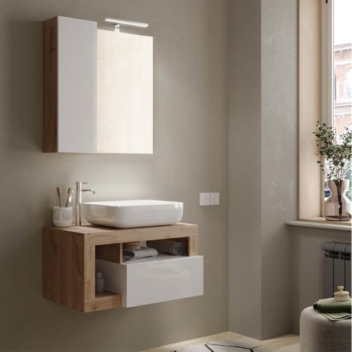 Meuble Vasque 78cm Suspendu 1 Tiroirs Blanc Laqué Et Aspect Bois Finition Cadiz - Arturo
