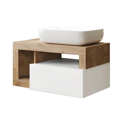 Meuble Vasque 78cm Suspendu 1 Tiroirs Blanc Laqué Et Aspect Bois Finition Cadiz - Arturo