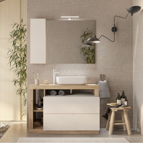 Meuble Vasque 110cm 2 Tiroirs Beige Laqué Et Aspect Bois Finition Cadiz - Arturo