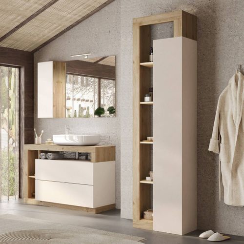 Meuble Vasque 110cm 2 Tiroirs Beige Laqué Et Aspect Bois Finition Cadiz - Arturo