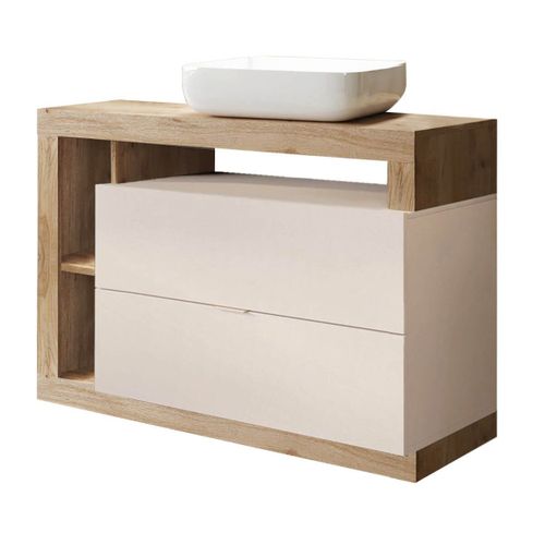 Meuble Vasque 110cm 2 Tiroirs Beige Laqué Et Aspect Bois Finition Cadiz - Arturo