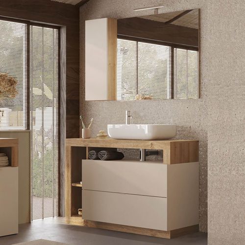Meuble Vasque 110cm 2 Tiroirs Beige Laqué Et Aspect Bois Finition Cadiz - Arturo