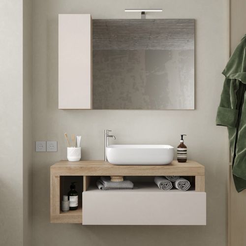Meuble Vasque 110cm Suspendu 1 Tiroirs Beige Laqué Et Aspect Bois Finition Cadiz - Arturo
