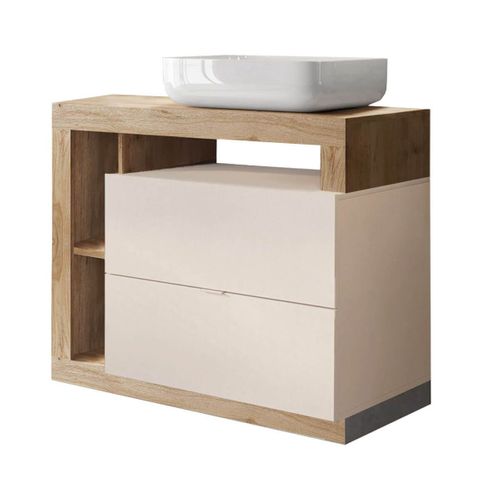 Meuble Vasque 92cm 2 Tiroirs Beige Laqué Et Aspect Bois Finition Cadiz - Arturo
