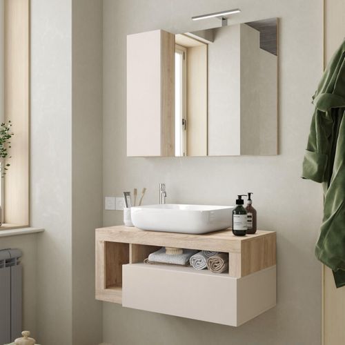 Meuble Vasque 92cm Suspendu 1 Tiroirs Beige Laqué Et Aspect Bois Finition Cadiz - Arturo