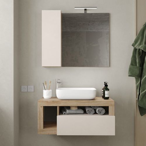 Meuble Vasque 92cm Suspendu 1 Tiroirs Beige Laqué Et Aspect Bois Finition Cadiz - Arturo