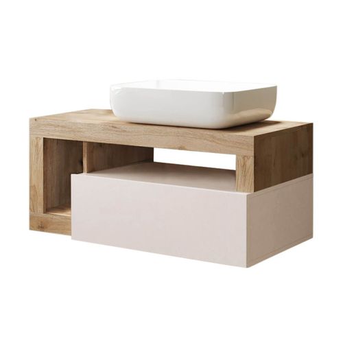 Meuble Vasque 92cm Suspendu 1 Tiroirs Beige Laqué Et Aspect Bois Finition Cadiz - Arturo