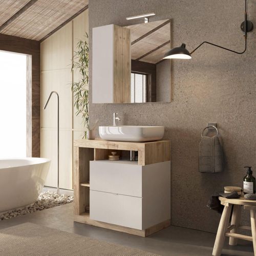 Meuble Vasque 78cm 2 Tiroirs Beige Laqué Et Aspect Bois Finition Cadiz - Arturo