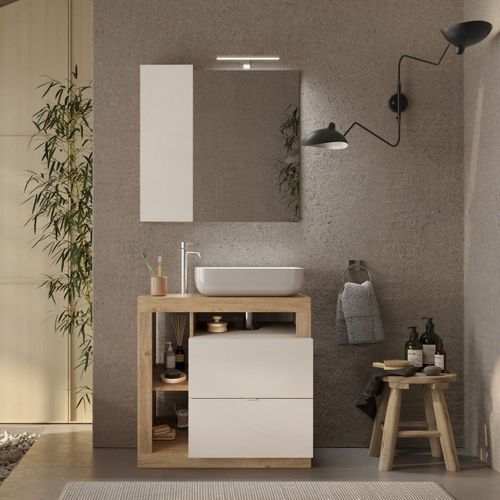 Meuble Vasque 78cm 2 Tiroirs Beige Laqué Et Aspect Bois Finition Cadiz - Arturo