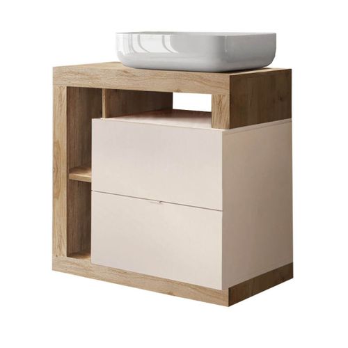 Meuble Vasque 78cm 2 Tiroirs Beige Laqué Et Aspect Bois Finition Cadiz - Arturo