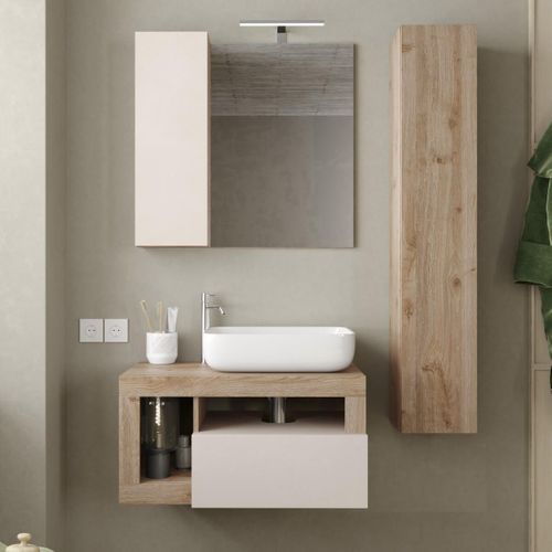 Meuble Vasque 78cm Suspendu 1 Tiroirs Beige Laqué Et Aspect Bois Finition Cadiz - Arturo