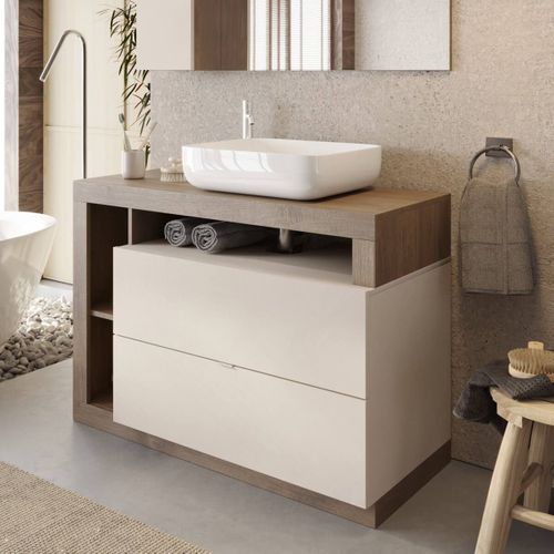 Meuble Vasque 110cm 2 Tiroirs Beige Laqué Et Aspect Bois Finition Mercure - Arturo