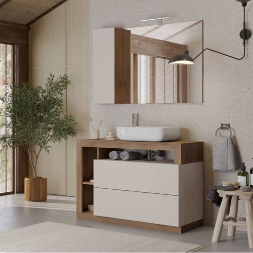 Meuble Vasque 110cm 2 Tiroirs Beige Laqué Et Aspect Bois Finition Mercure - Arturo