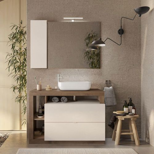 Meuble Vasque 110cm 2 Tiroirs Beige Laqué Et Aspect Bois Finition Mercure - Arturo