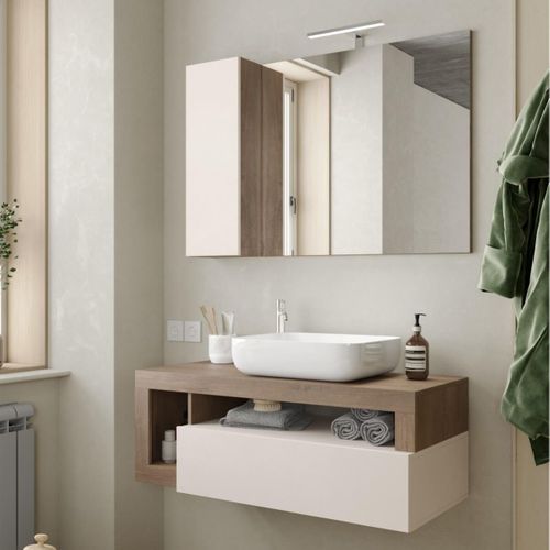 Meuble Vasque 110cm Suspendu 1 Tiroirs Beige Laqué Et Aspect Bois Finition Mercure - Arturo