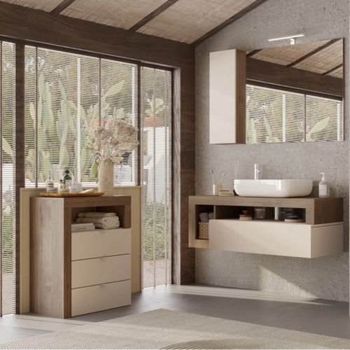 Meuble Vasque 110cm Suspendu 1 Tiroirs Beige Laqué Et Aspect Bois Finition Mercure - Arturo