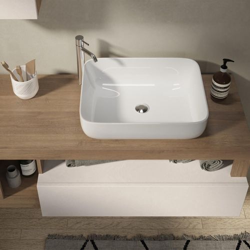 Meuble Vasque 110cm Suspendu 1 Tiroirs Beige Laqué Et Aspect Bois Finition Mercure - Arturo