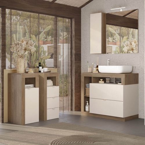 Meuble Vasque 92cm 2 Tiroirs Beige Laqué Et Aspect Bois Finition Mercure - Arturo