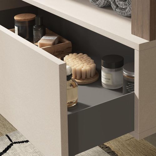 Meuble Vasque 92cm Suspendu 1 Tiroirs Beige Laqué Et Aspect Bois Finition Mercure - Arturo