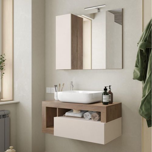 Meuble Vasque 92cm Suspendu 1 Tiroirs Beige Laqué Et Aspect Bois Finition Mercure - Arturo
