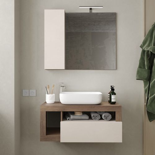 Meuble Vasque 92cm Suspendu 1 Tiroirs Beige Laqué Et Aspect Bois Finition Mercure - Arturo