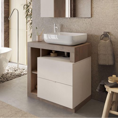 Meuble Vasque 78cm 2 Tiroirs Beige Laqué Et Aspect Bois Finition Mercure - Arturo