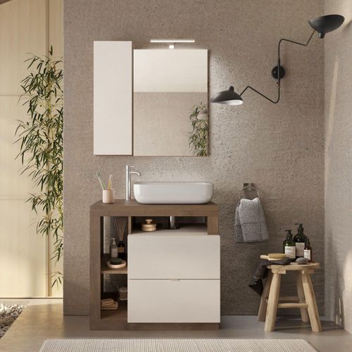 Meuble Vasque 78cm 2 Tiroirs Beige Laqué Et Aspect Bois Finition Mercure - Arturo