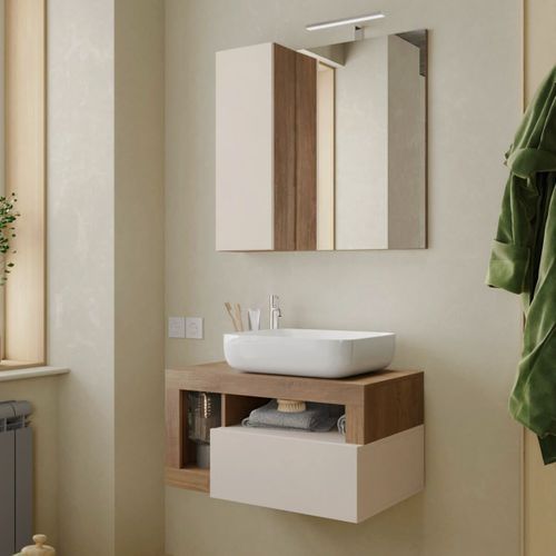 Meuble Vasque 78cm Suspendu 1 Tiroirs Beige Laqué Et Aspect Bois Finition Mercure - Arturo