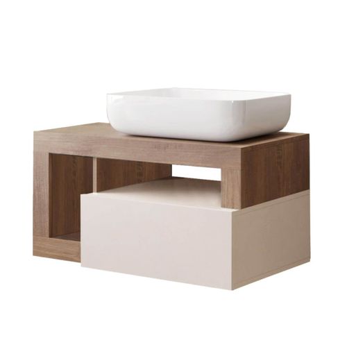 Meuble Vasque 78cm Suspendu 1 Tiroirs Beige Laqué Et Aspect Bois Finition Mercure - Arturo