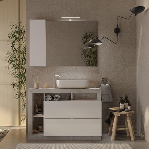 Meuble Vasque 110cm 2 Tiroirs Blanc Laqué Et Aspect Béton - Arturo