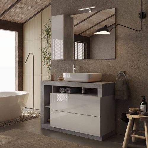 Meuble Vasque 110cm 2 Tiroirs Blanc Laqué Et Aspect Béton - Arturo