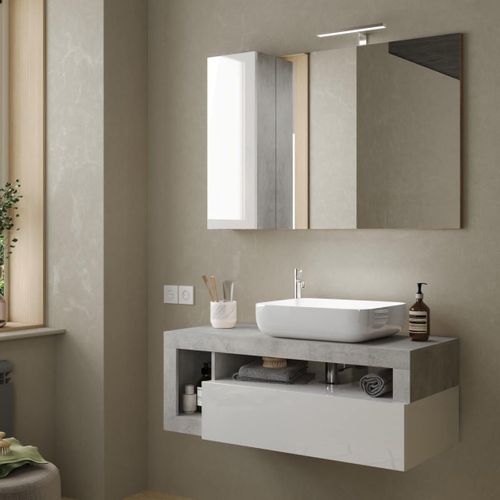 Meuble Vasque 110cm Suspendu 1 Tiroirs Blanc Laqué Et Aspect Aspect Béton - Arturo