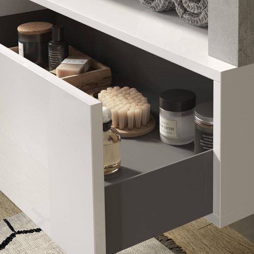 Meuble Vasque 110cm Suspendu 1 Tiroirs Blanc Laqué Et Aspect Aspect Béton - Arturo