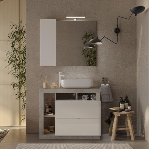 Meuble Vasque 92cm 2 Tiroirs Blanc Laqué Et Aspect Béton - Arturo