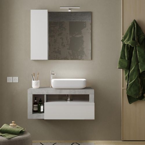 Meuble Vasque 92cm Suspendu 1 Tiroirs Blanc Laqué Et Aspect Béton - Arturo